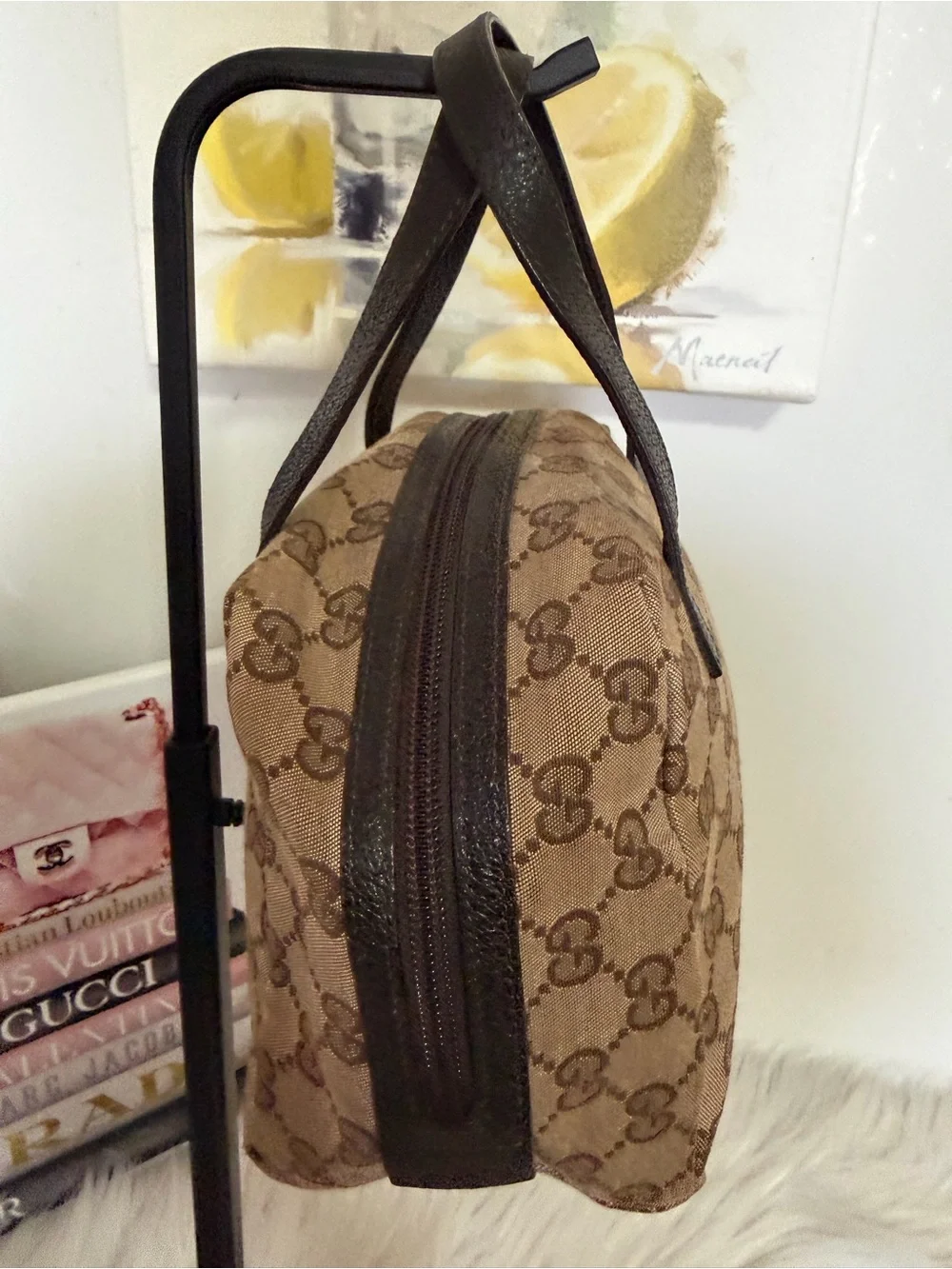 Gucci Brown GG Canvas Mini Boston Style Top-Handle Bag.